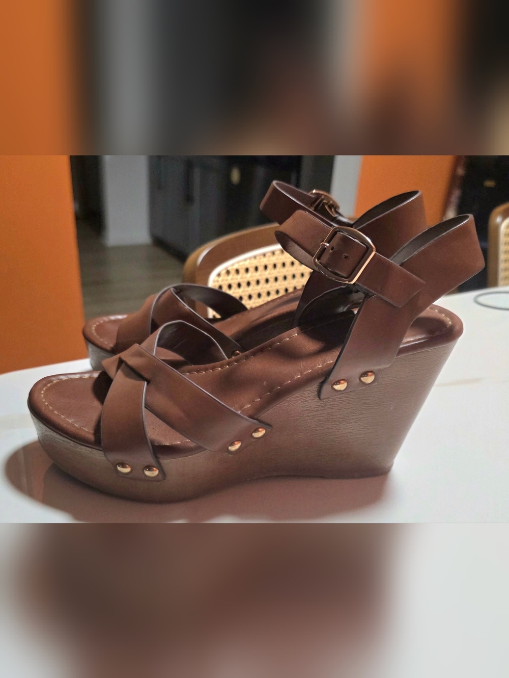 Women’s Brown Wedge Sandals with Ankle Strap
